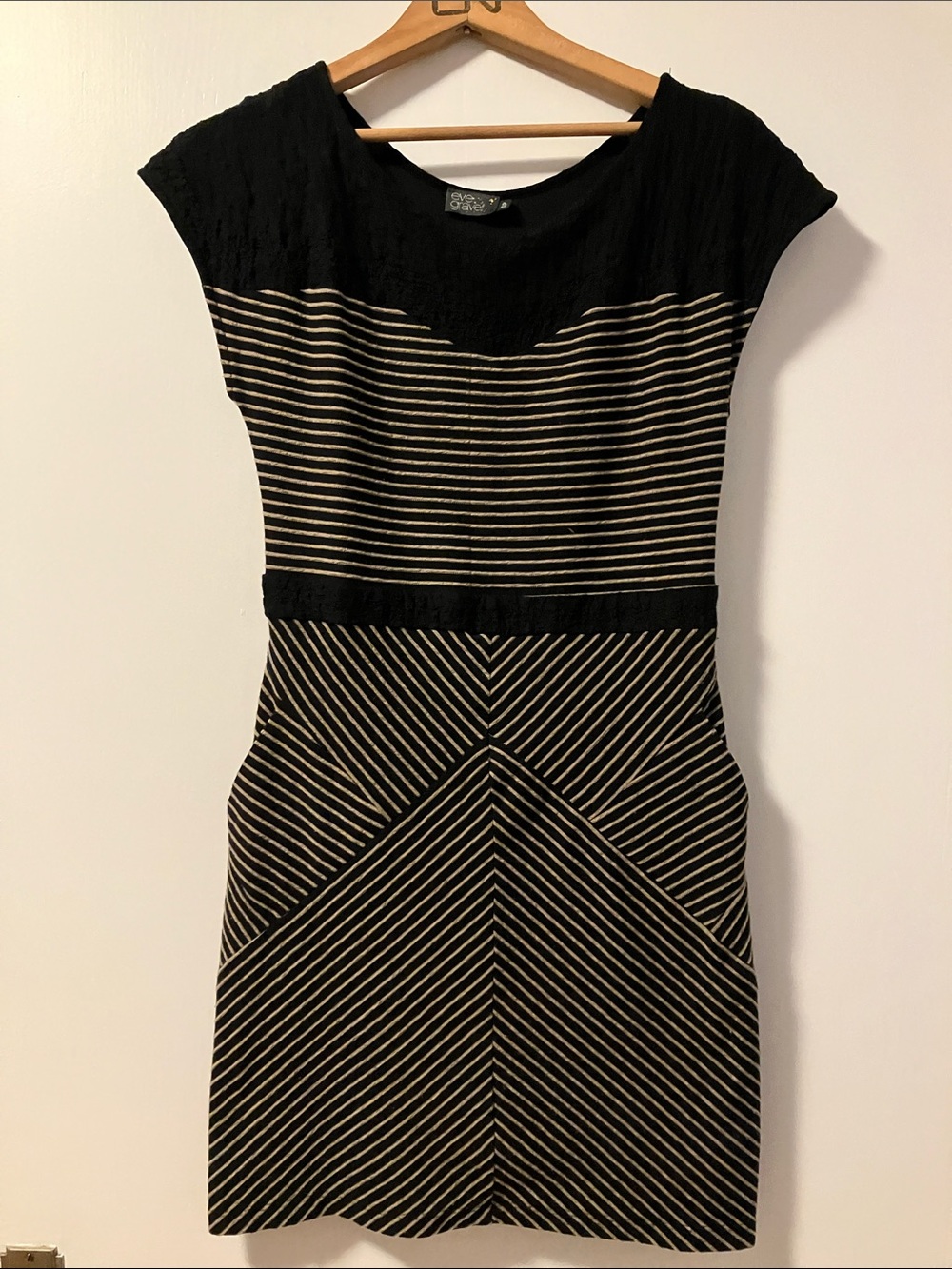 Eve Gravel Black and Cream Striped Taylored Cap-Sleeve Cotton Blend Sheath Dress